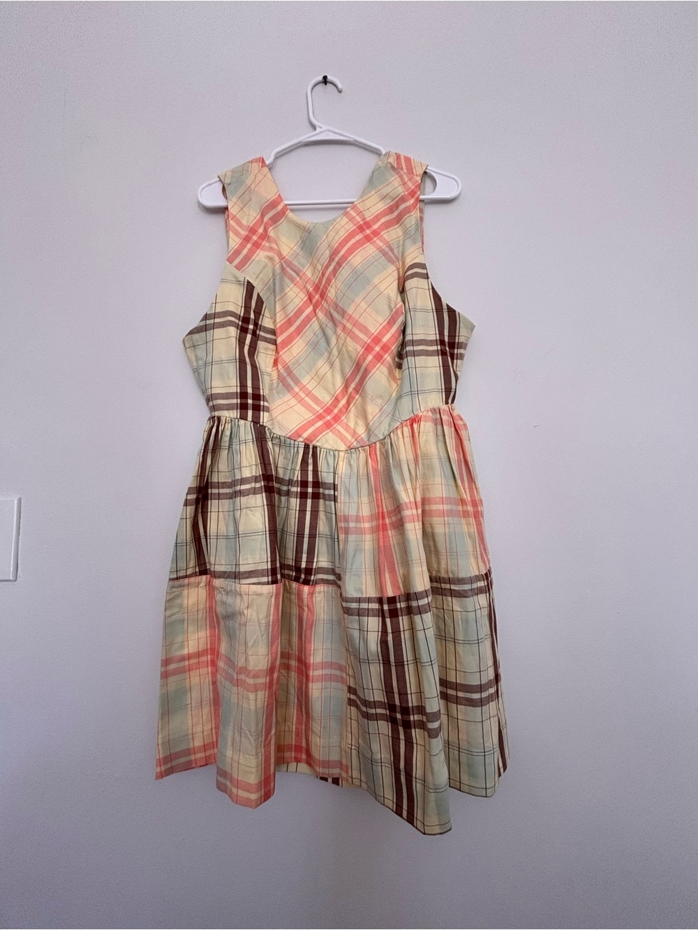 Anthropologie Plaid Sleeveless Summer Dress in Cream, Pink & Brown